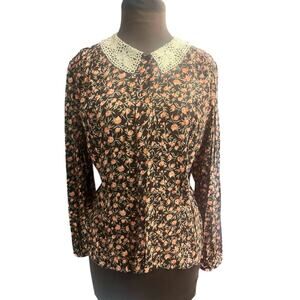 Vtg Dainty Floral Peter Pan Collar Blouse M Cottagecore Coquette Dark Romantic